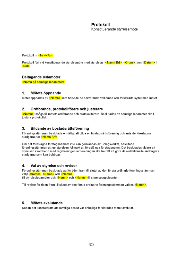 Protokoll - konstituerande stämma i brf