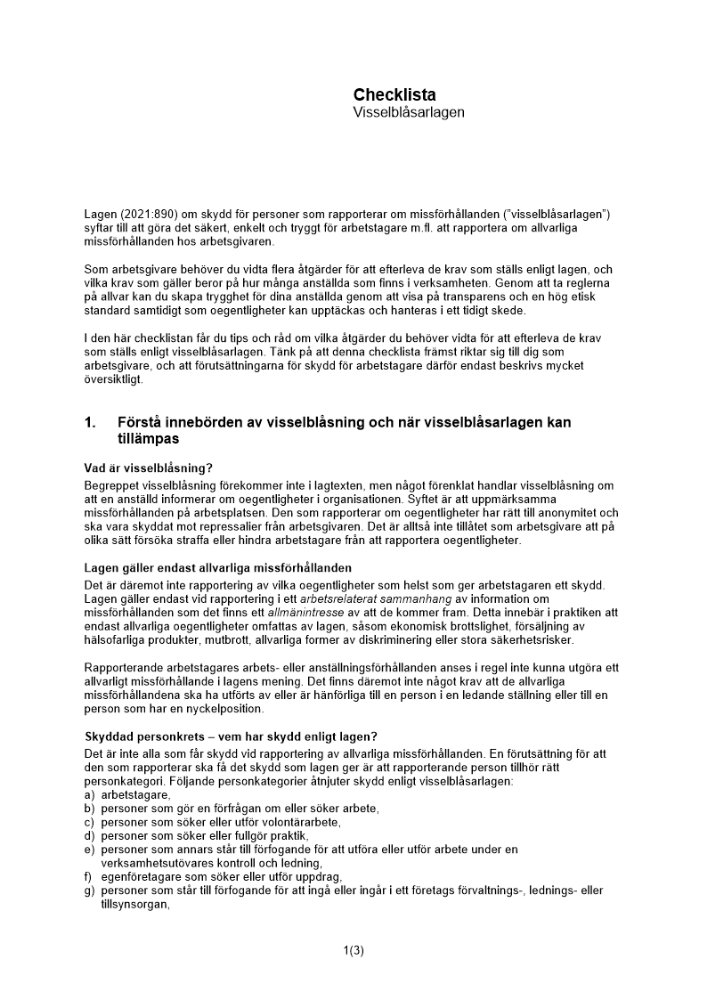 Checklista - arbetsgivares ansvar enligt visselblåsarlagen