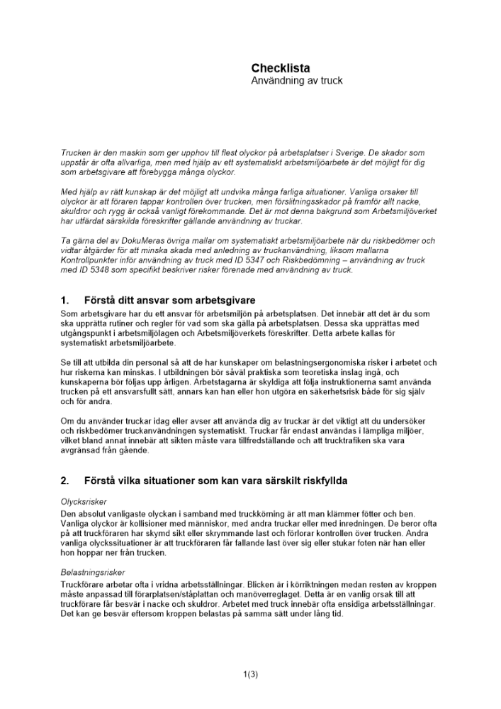 Checklista användning av truck