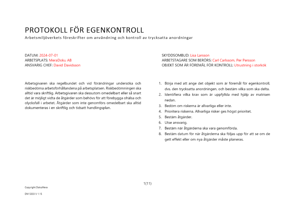 Protokoll för egenkontroll - trycksatta anordningar