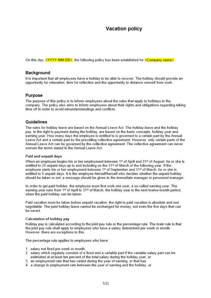 Semesterpolicy Engelsk