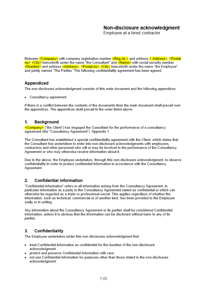 Sekretessförbindelse - Anställd hos anlitad konsult Engelsk