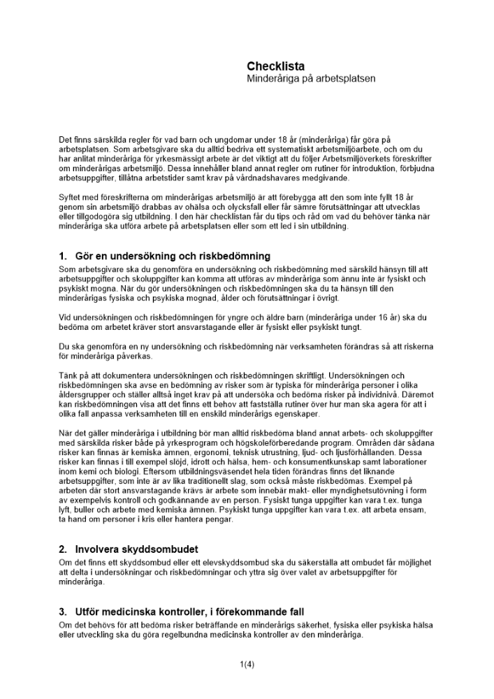 Checklista minderåriga på arbetsplatsen