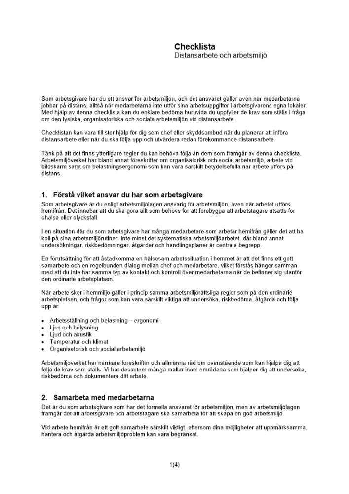 Checklista distansarbete och arbetsmiljö