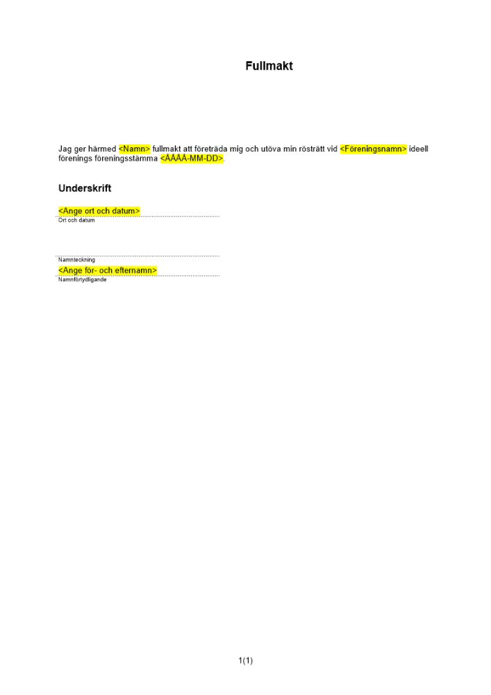 Fullmakt ideell förening