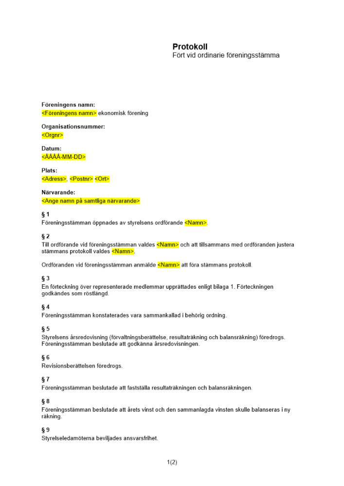 Protokoll ordinarie föreningsstämma - beslut om nya stadgar