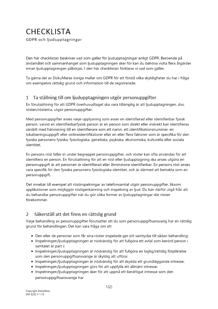 Checklista GDPR och ljudupptagningar