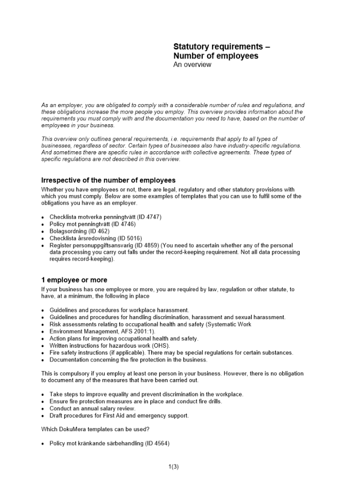 Lagstadgade krav antal anställda en översikt Engelsk