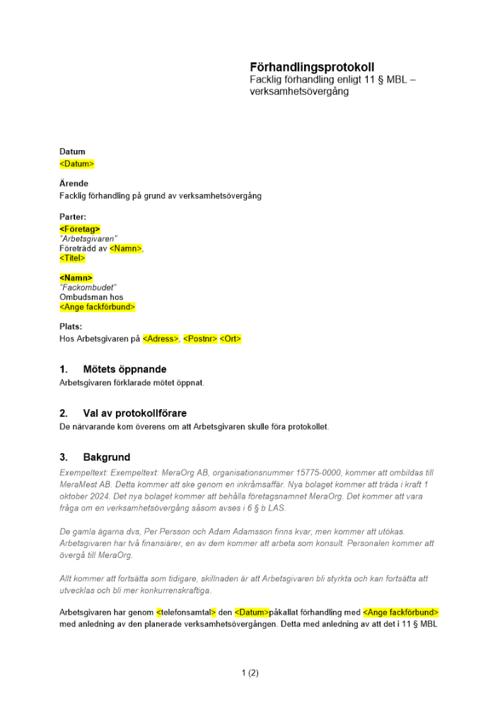 Protokoll - facklig förhandling verksamhetsövergång