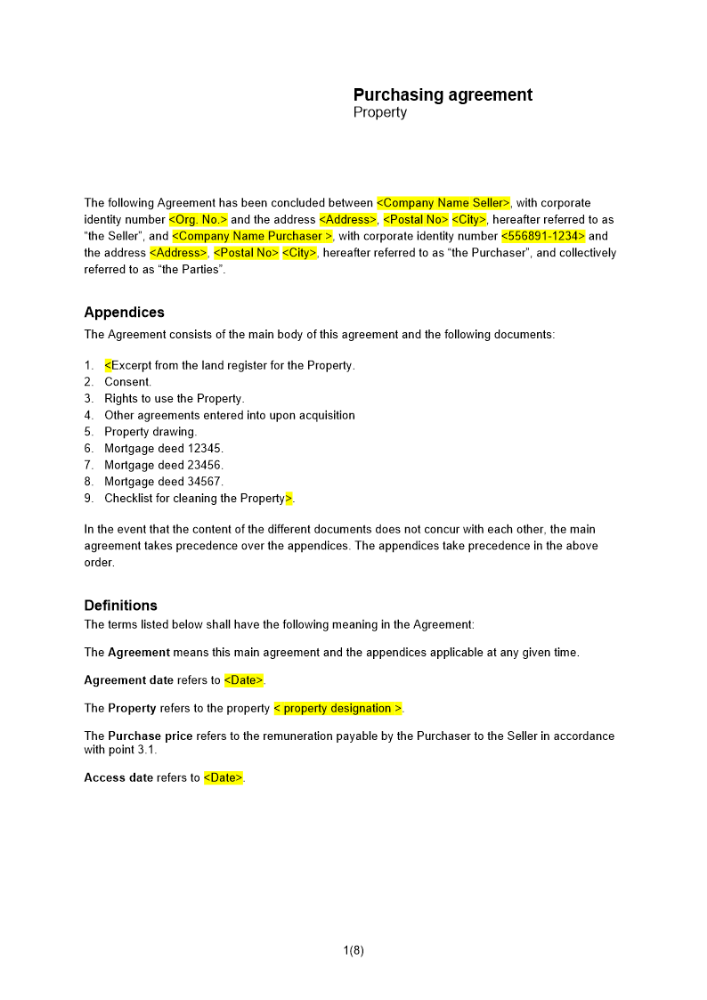 Köpekontrakt fastighet Engelsk