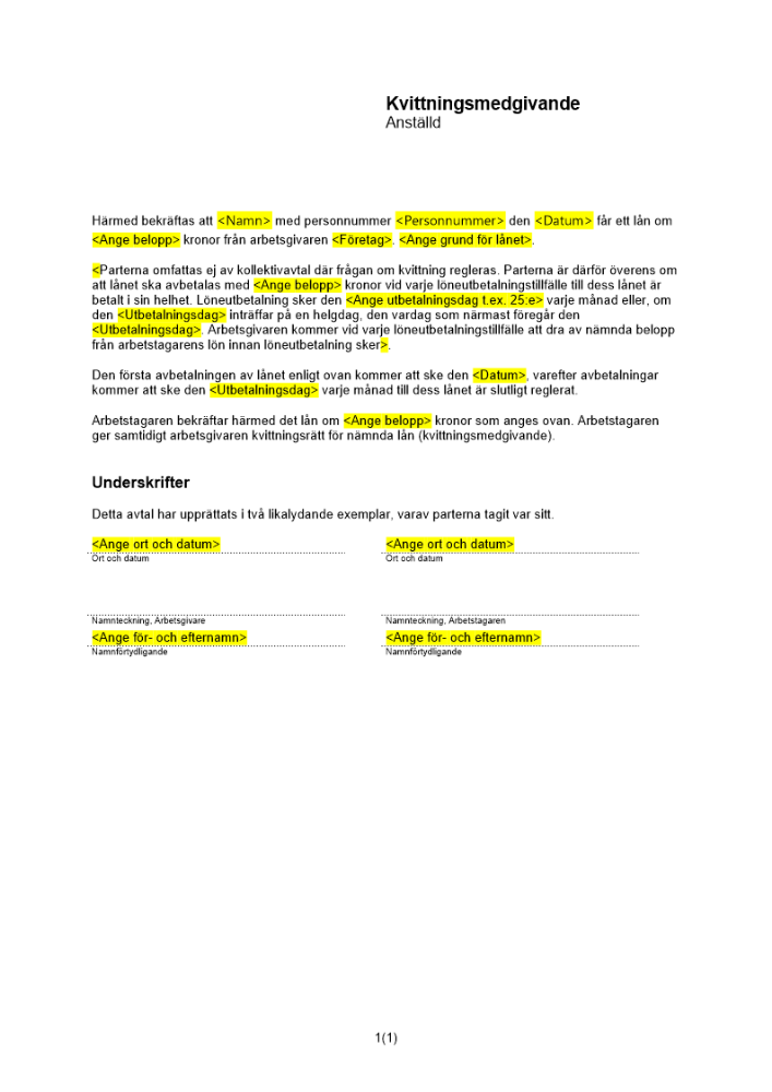 Kvittningsmedgivande - Anställd