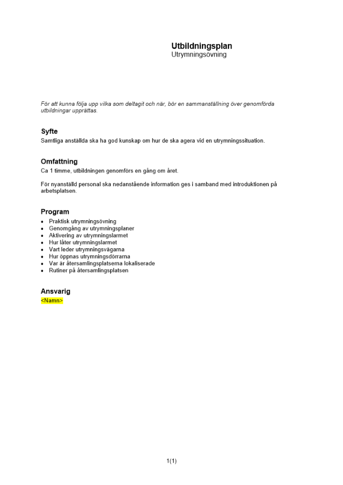 Utbildningsplan - utrymningsövning