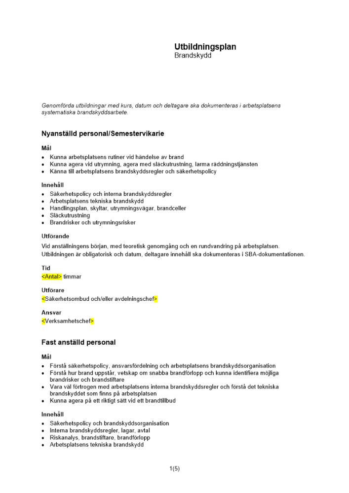 Utbildningsplan - brandskydd - omfattande