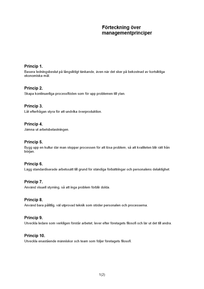 Förteckning - managementprinciper