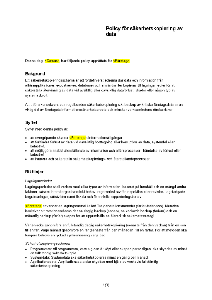 Policy för säkerhetskopiering av data