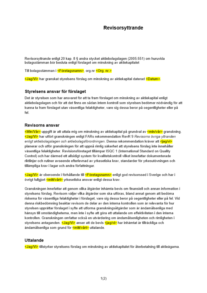 Revisorsyttrande enl 20 kap. 8 § (Minskning - Återbetalning)