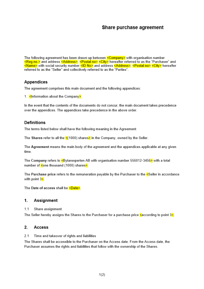 Avtal överlåtelse av aktier (Kort avtal) Engelsk