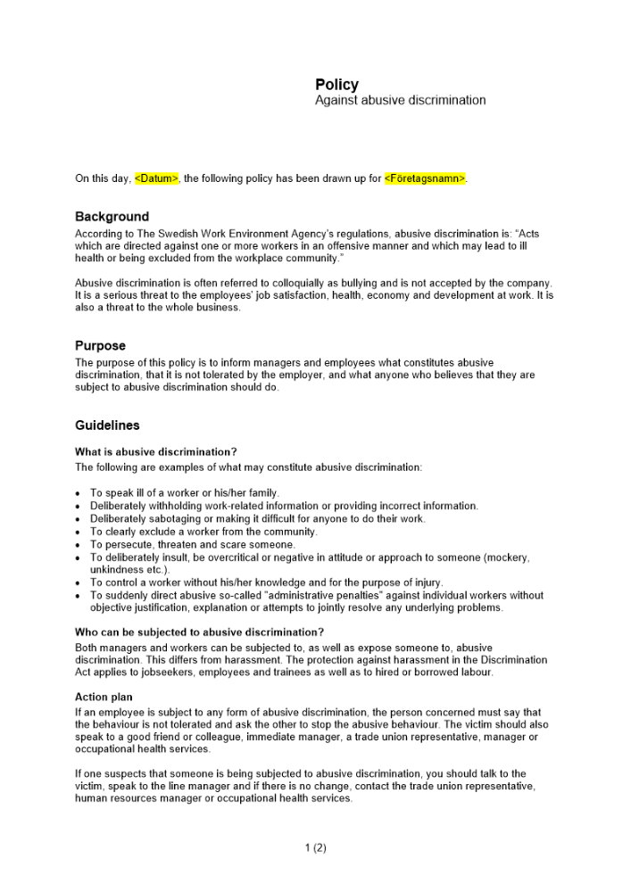 Policy mot kränkande särbehandling Engelsk
