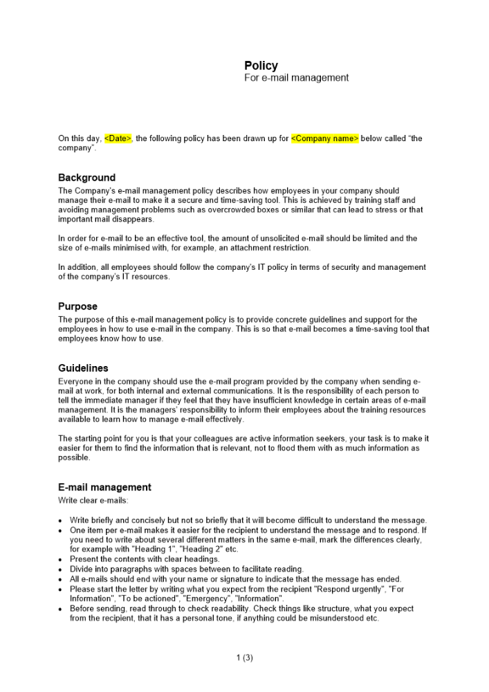 Policy för e-posthantering Engelsk