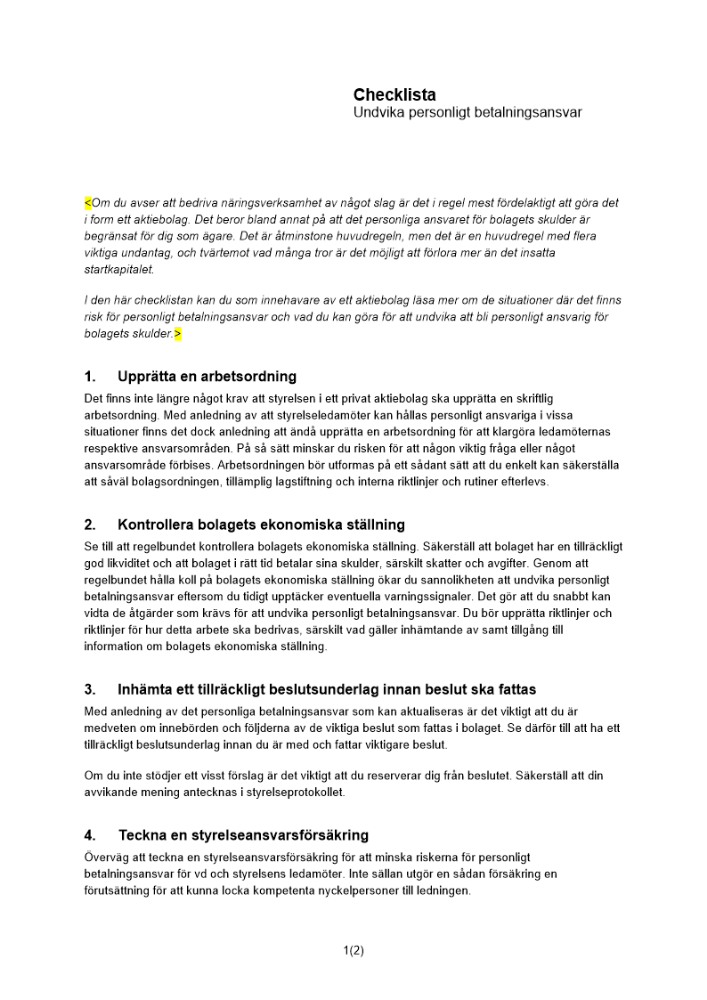 Checklista – Undvika personligt betalningsansvar