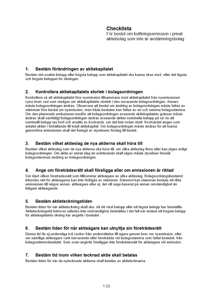 Checklista - Beslut kvittningsemission privat AB