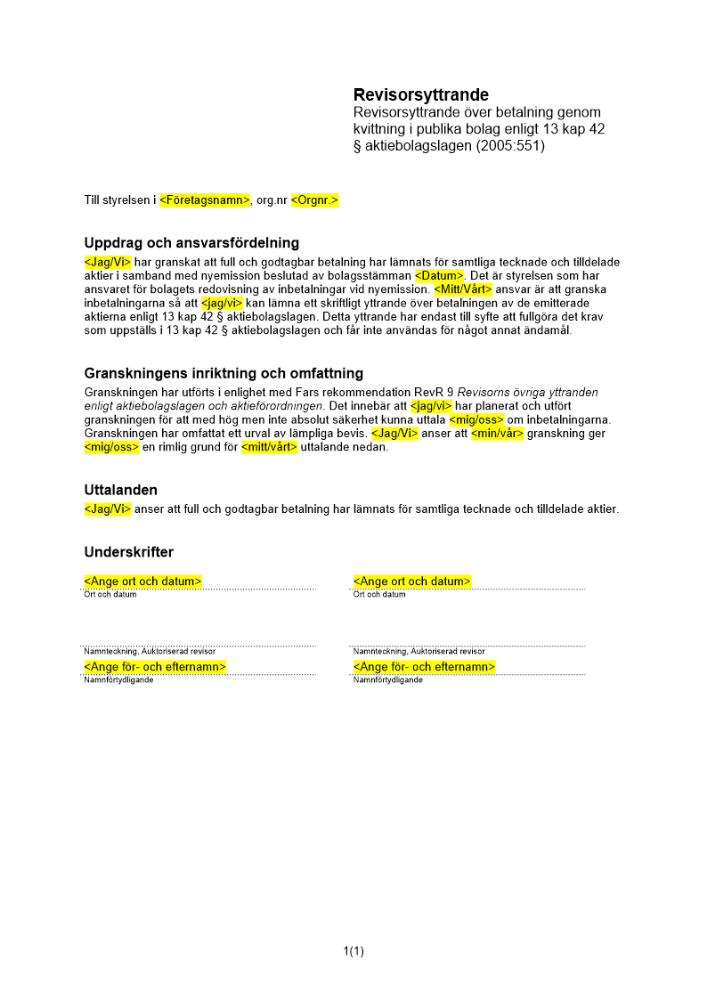Revisorsyttrande enl 13 kap 42 ABL (Kvittningsemission)
