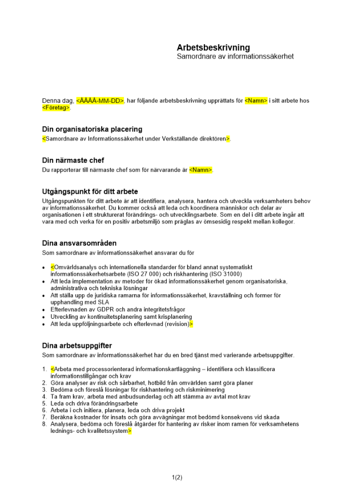 Arbetsbeskrivning samordnare av informationssäkerhet