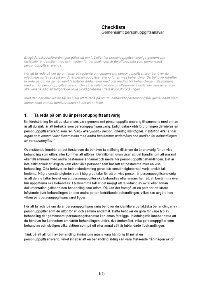 Checklista - gemensamt personuppgiftsansvar