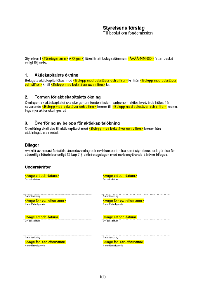 Styrelsens förslag till beslut om fondemission utan utgivande av nya aktier - Publikt AB