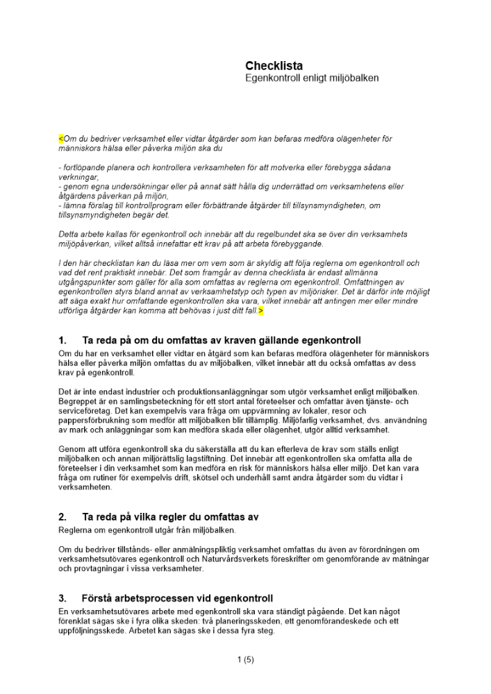 Checklista egenkontroll enligt miljöbalken