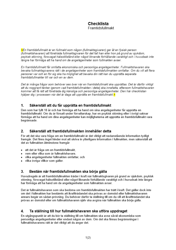 Checklista framtidsfullmakt