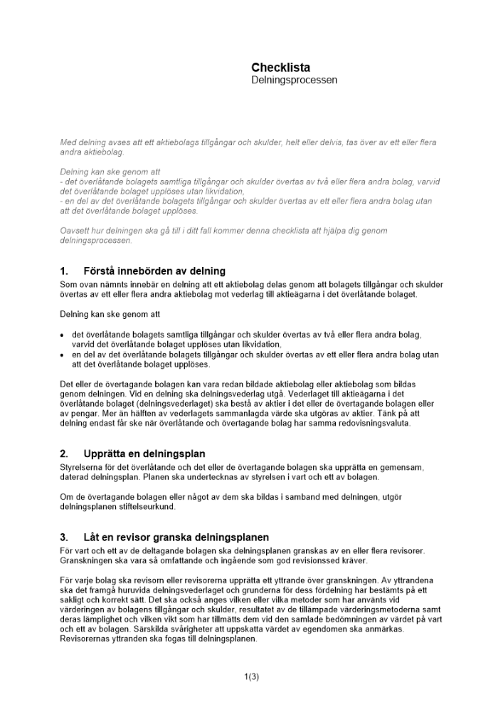 Checklista delningsprocess aktiebolag
