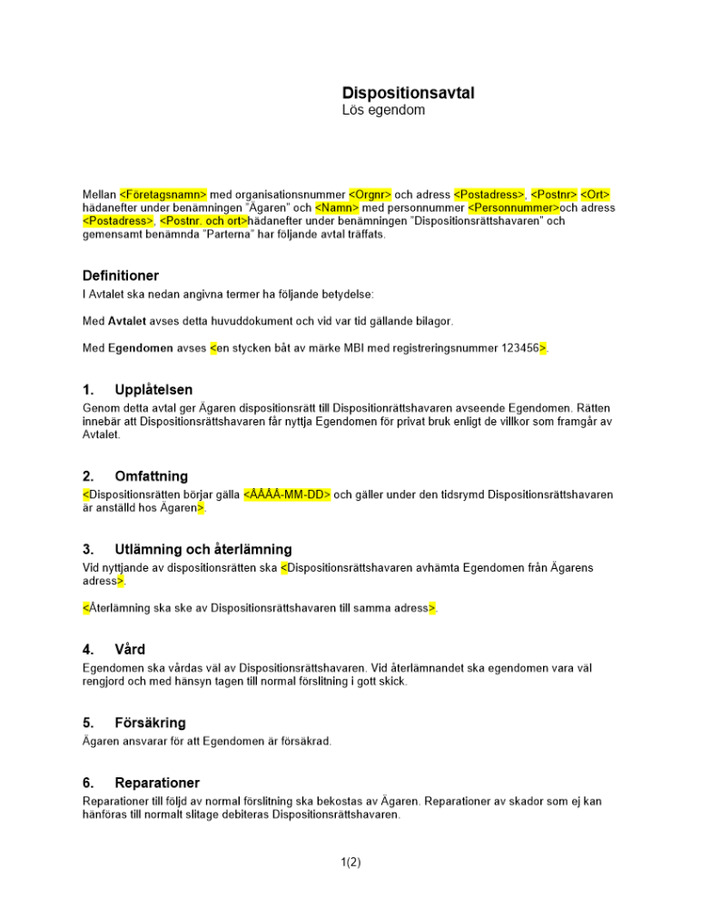 Dispositionsavtal lös egendom