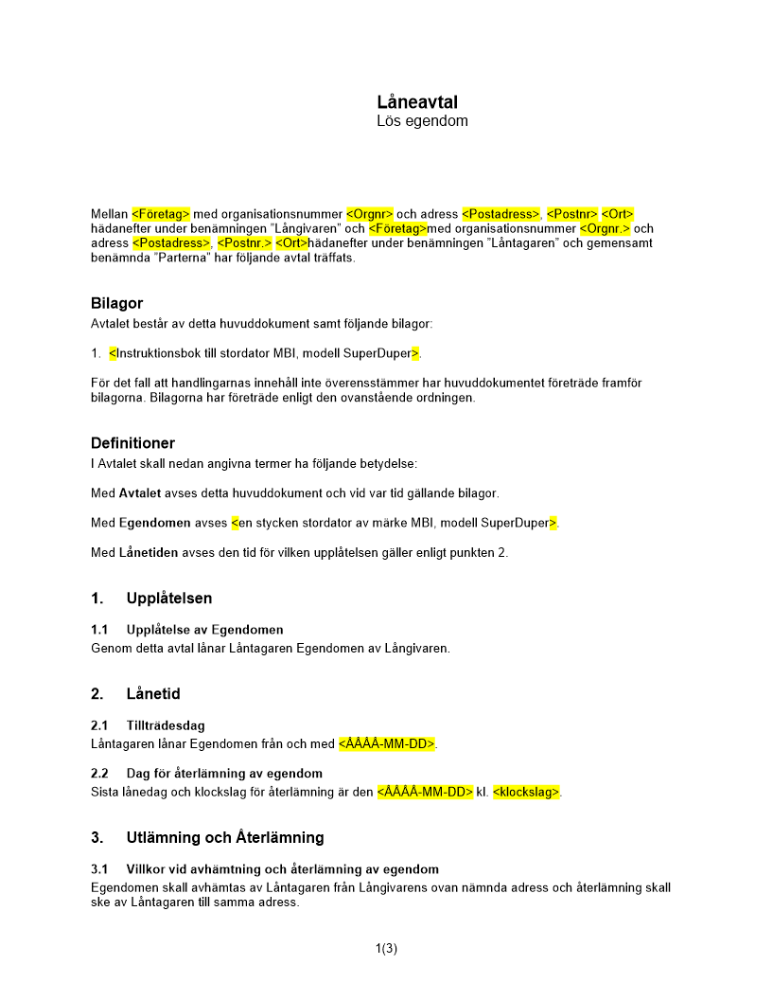 Avtal lån av lös egendom