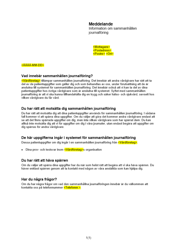 Meddelande information om sammanhållen journalföring