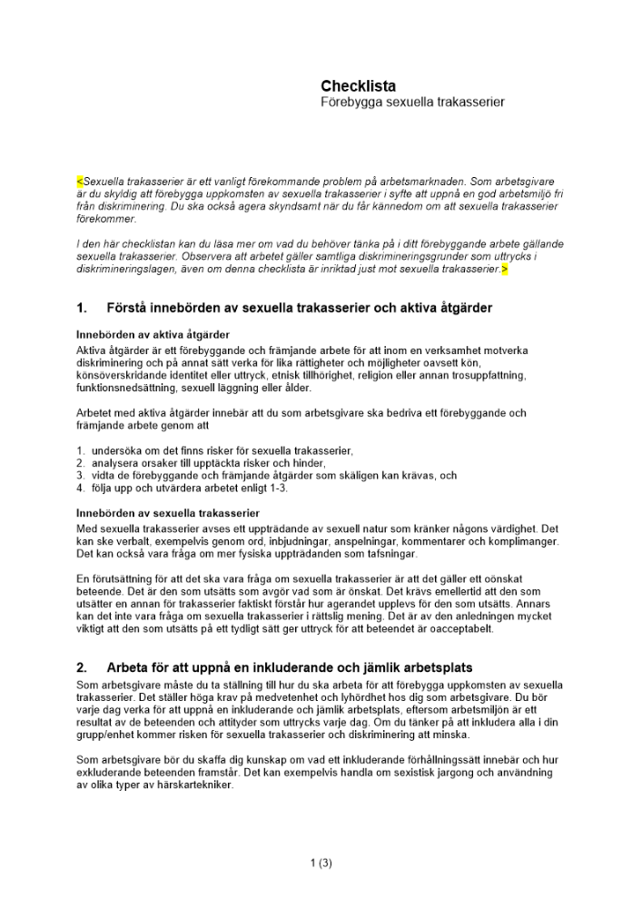 Checklista förebygga sexuella trakasserier