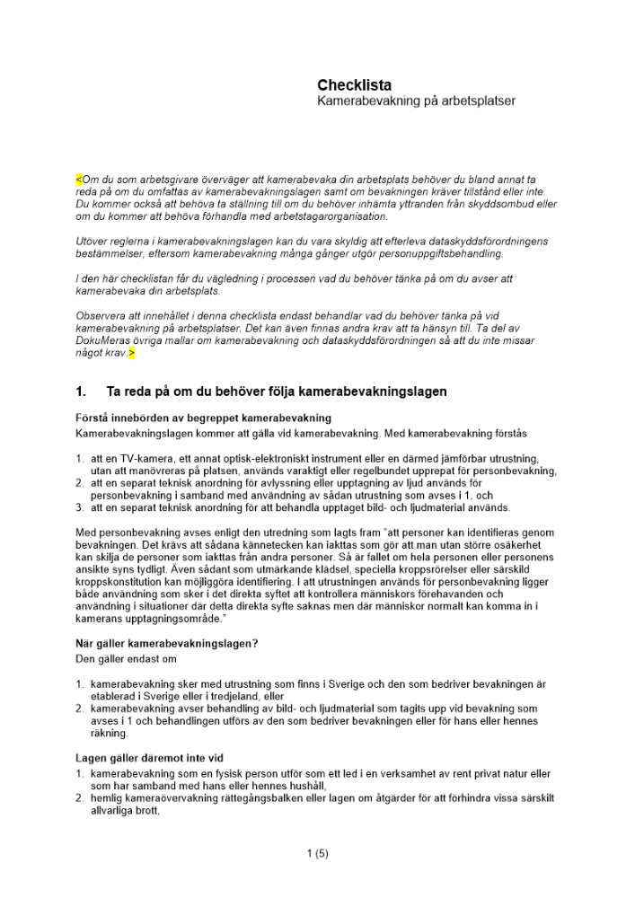 Checklista kamerabevakning på arbetsplatsen