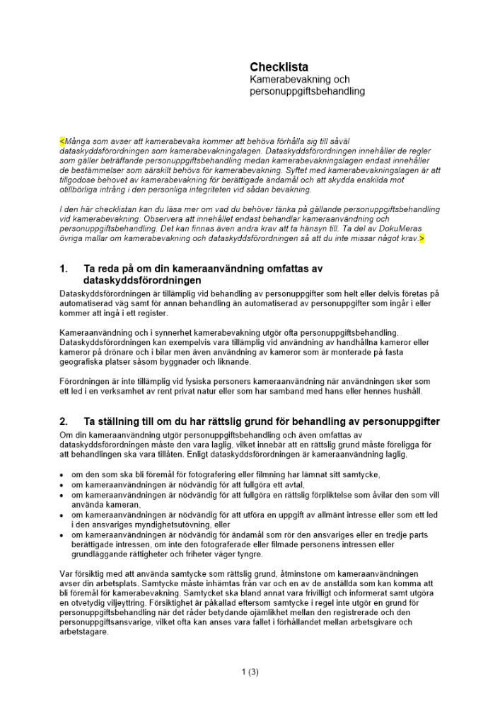 Checklista kamerabevakning och personuppgiftsbehandling