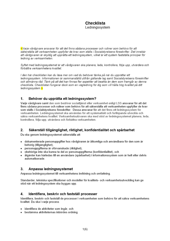Checklista ledningssystem vårdgivare