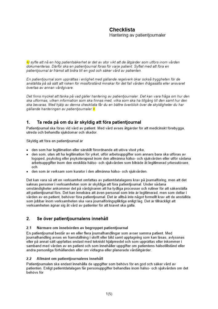 Checklista hantering av patientjournaler
