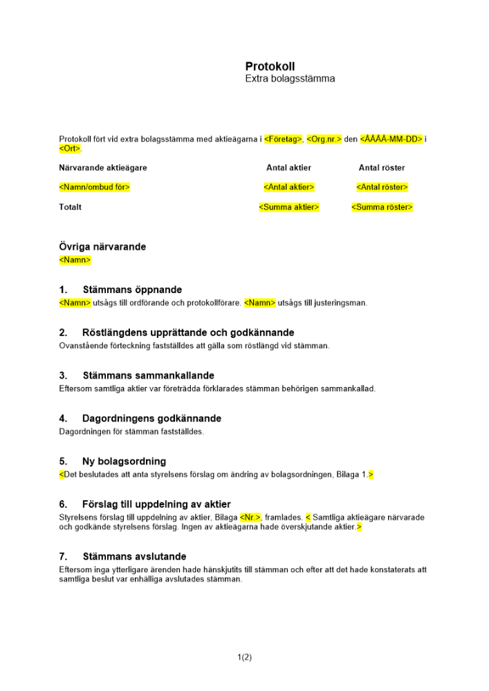 Protokoll extra bolagsstämma uppdelning av aktier (split)