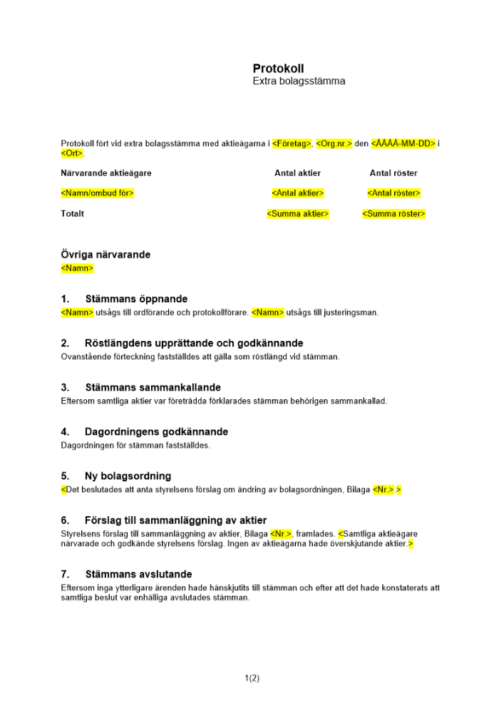 Protokoll extra bolagsstämma sammanläggning av aktier (omvänd split)