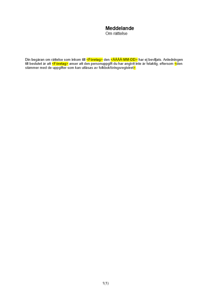 Meddelande om rättelse - ej beviljad