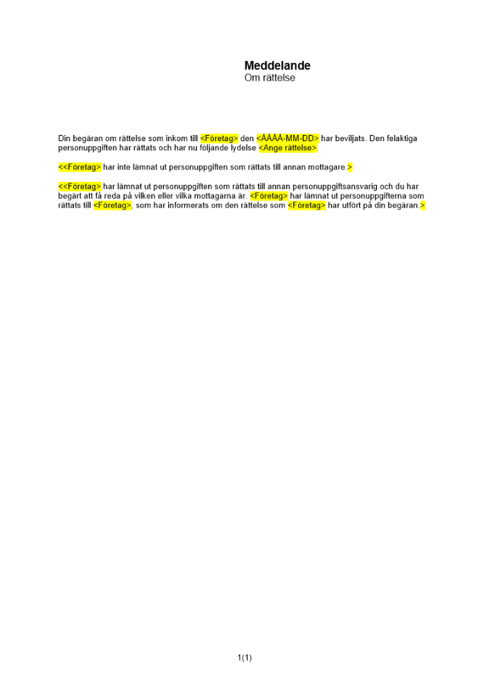 Meddelande om rättelse - beviljad