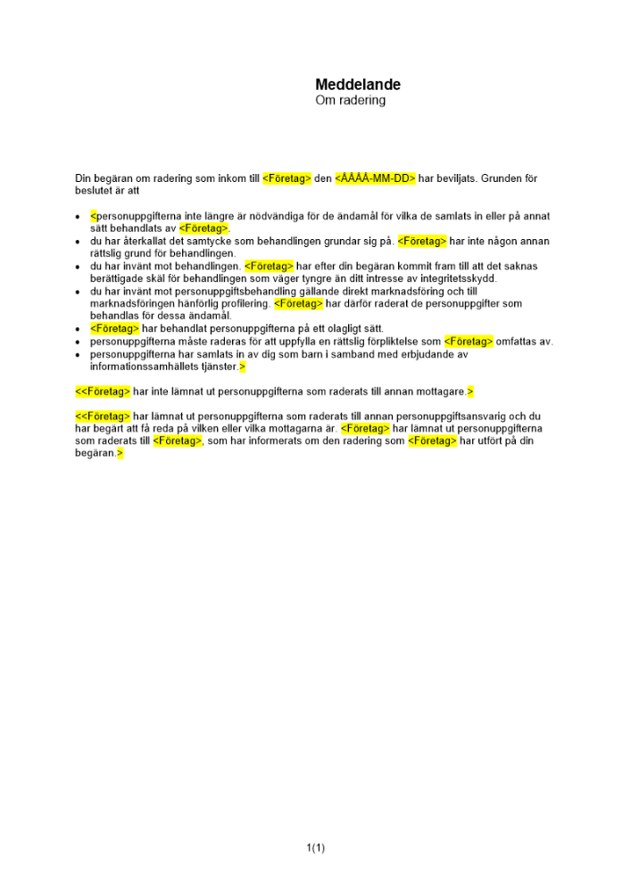 Meddelande om radering - beviljad