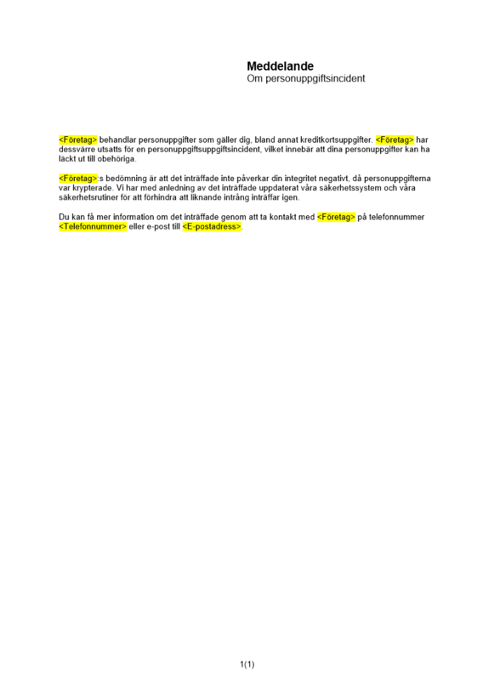 Meddelande om personuppgiftsincident