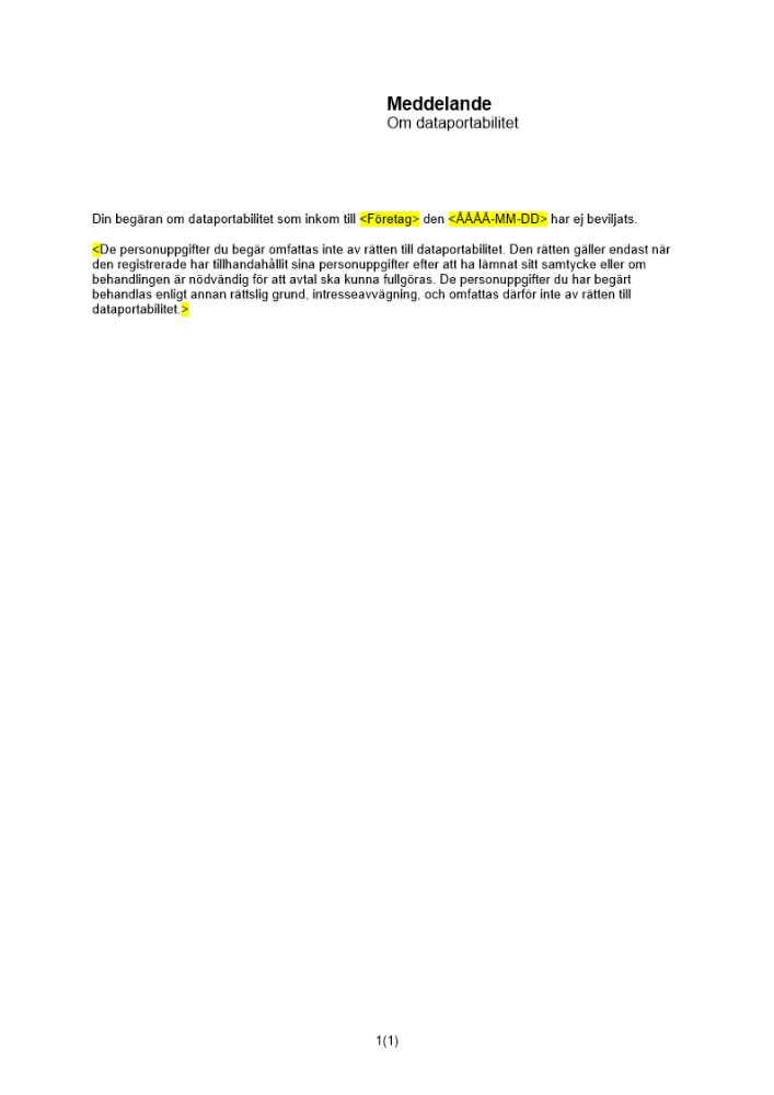 Meddelande om dataportabilitet - ej beviljad