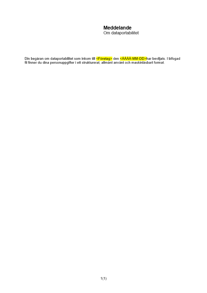 Meddelande om dataportabilitet - beviljad