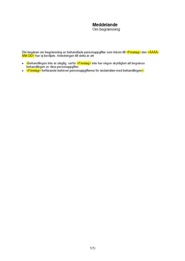 Meddelande om begränsning - ej beviljad