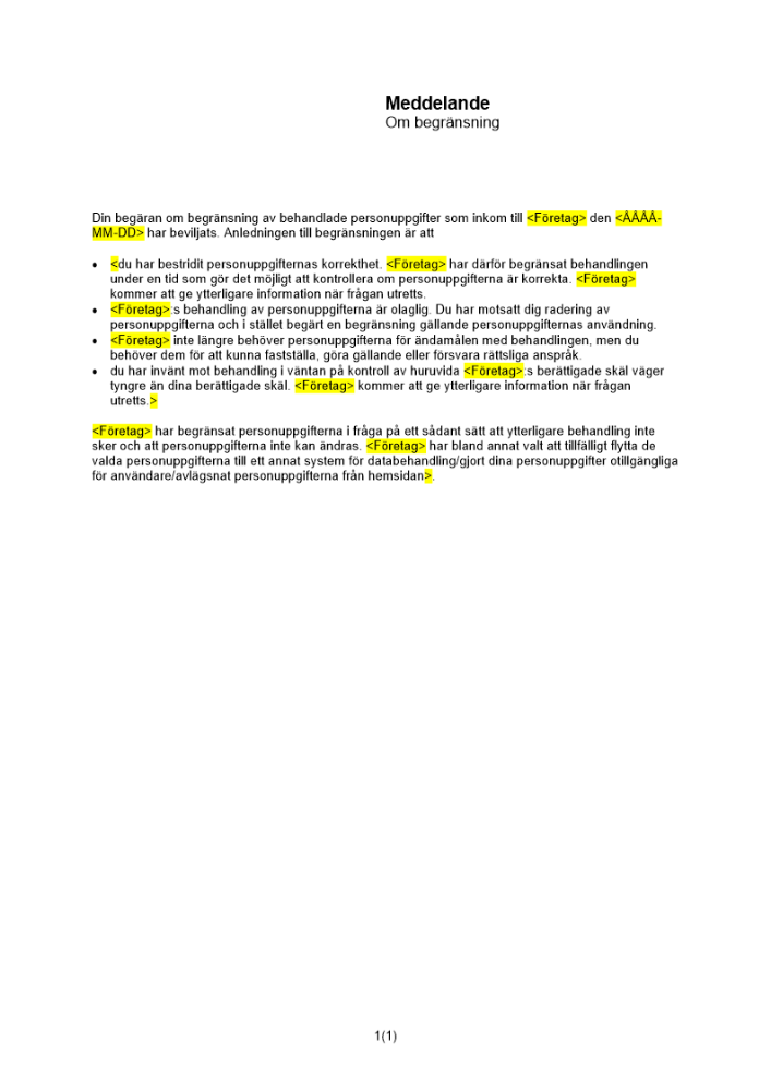 Meddelande om begränsning - beviljad